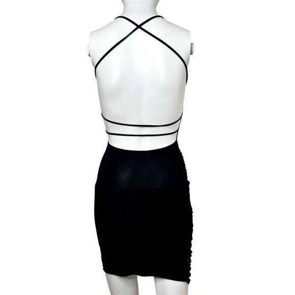 Black Ruched Bodycon Criss Cross Open Back Dress - Picture 2 of 2